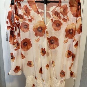 Elegant Floral V-Neck Blouse in Orange and Cream